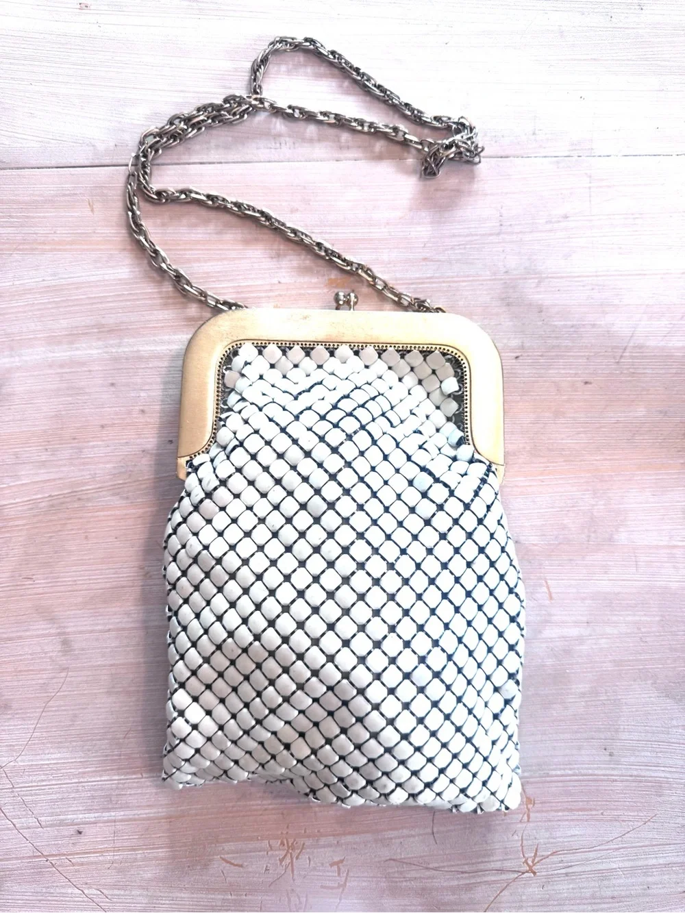 Vintage Whiting & Davis White Mesh Clutch with Gold Frame and Chain Strap